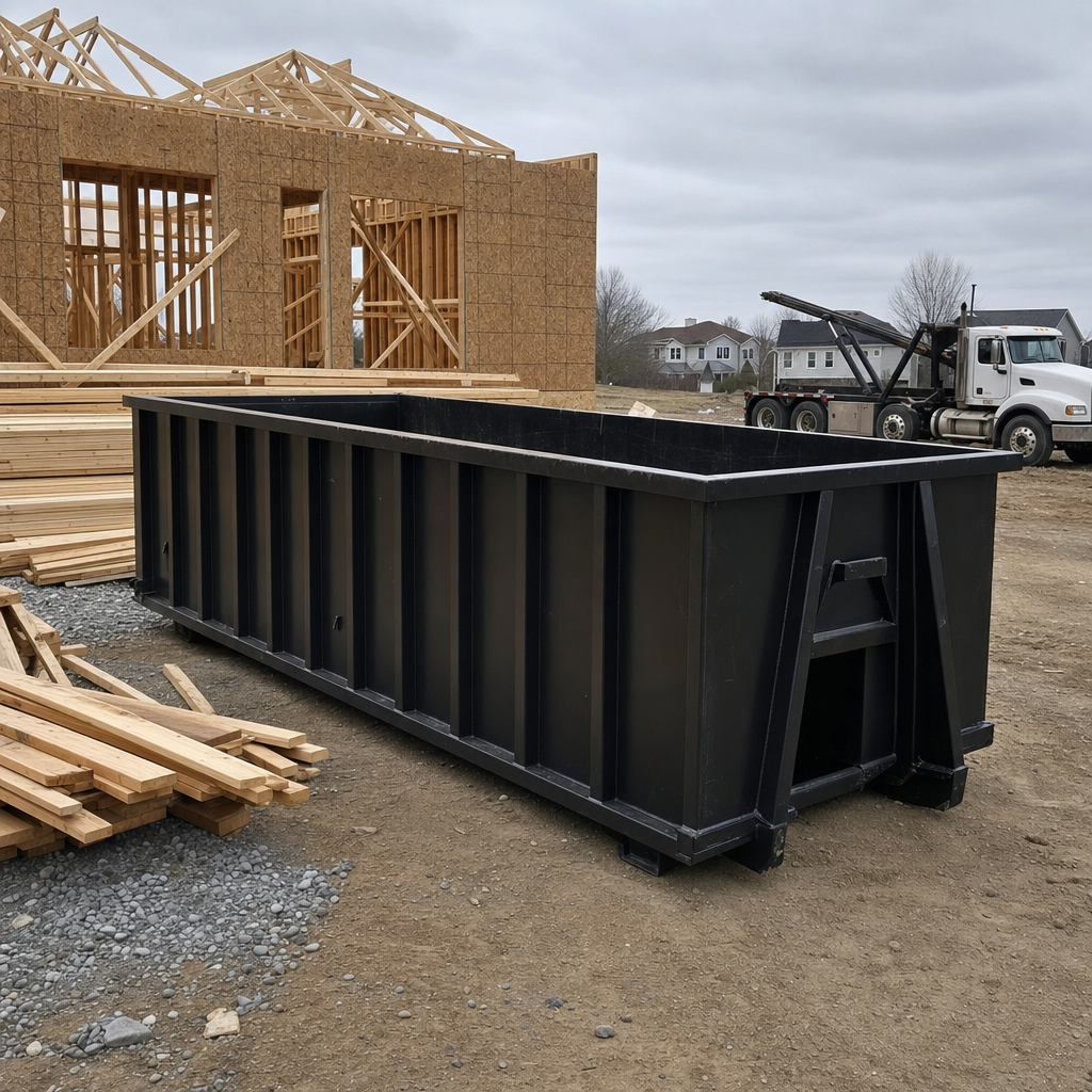 Matte-black 40-yard roll-off dumpster staged on a framed-out residential construction site in Roswell, framing lumber stacked nearby, hooklift delivery truck visible in the background under bright Colorado daylight