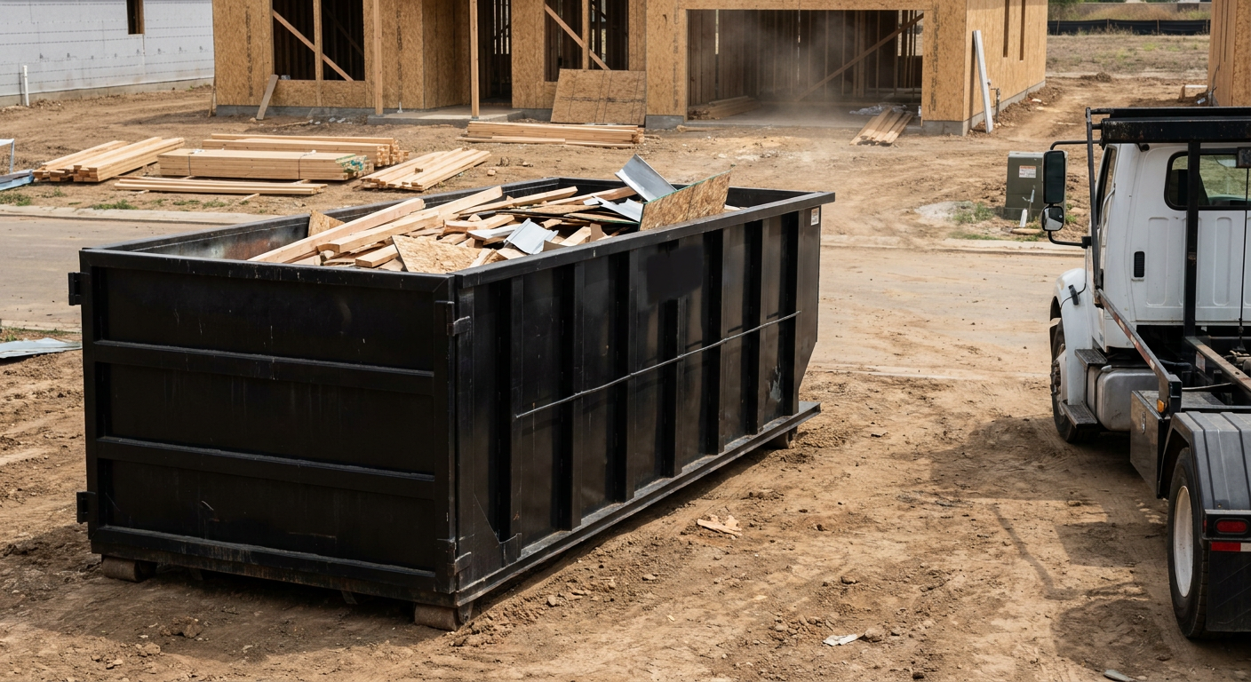 Matte-black 20-yard roll-off construction dumpster with heavy ribbed steel sidewalls and swing rear doors at a working jobsite in Roswell, sitting directly on compacted dirt with an unmarked white hauler partially visible at the far edge of the frame.