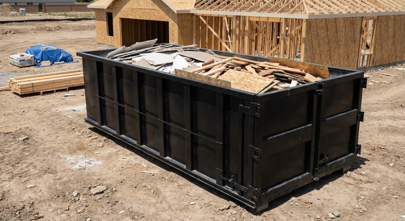 Matte-black 30-yard roll-off construction dumpster sitting directly on the compacted-dirt site of a framed single-family home build in Roswell, drywall and lumber scrap loaded inside.
