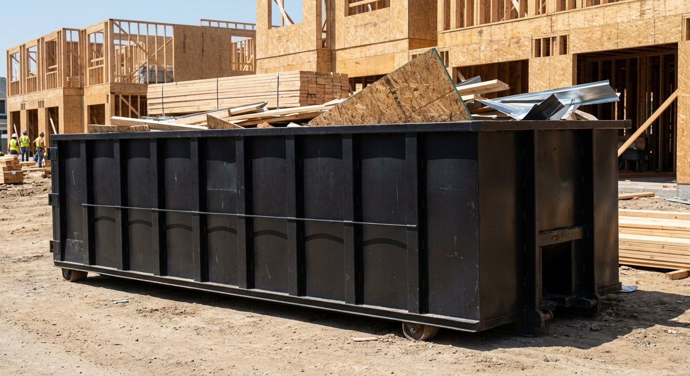 Matte-black 40-yard roll-off construction dumpster being lowered from a white-cab hooklift delivery truck onto the compacted-dirt jobsite at a commercial build site in Roswell