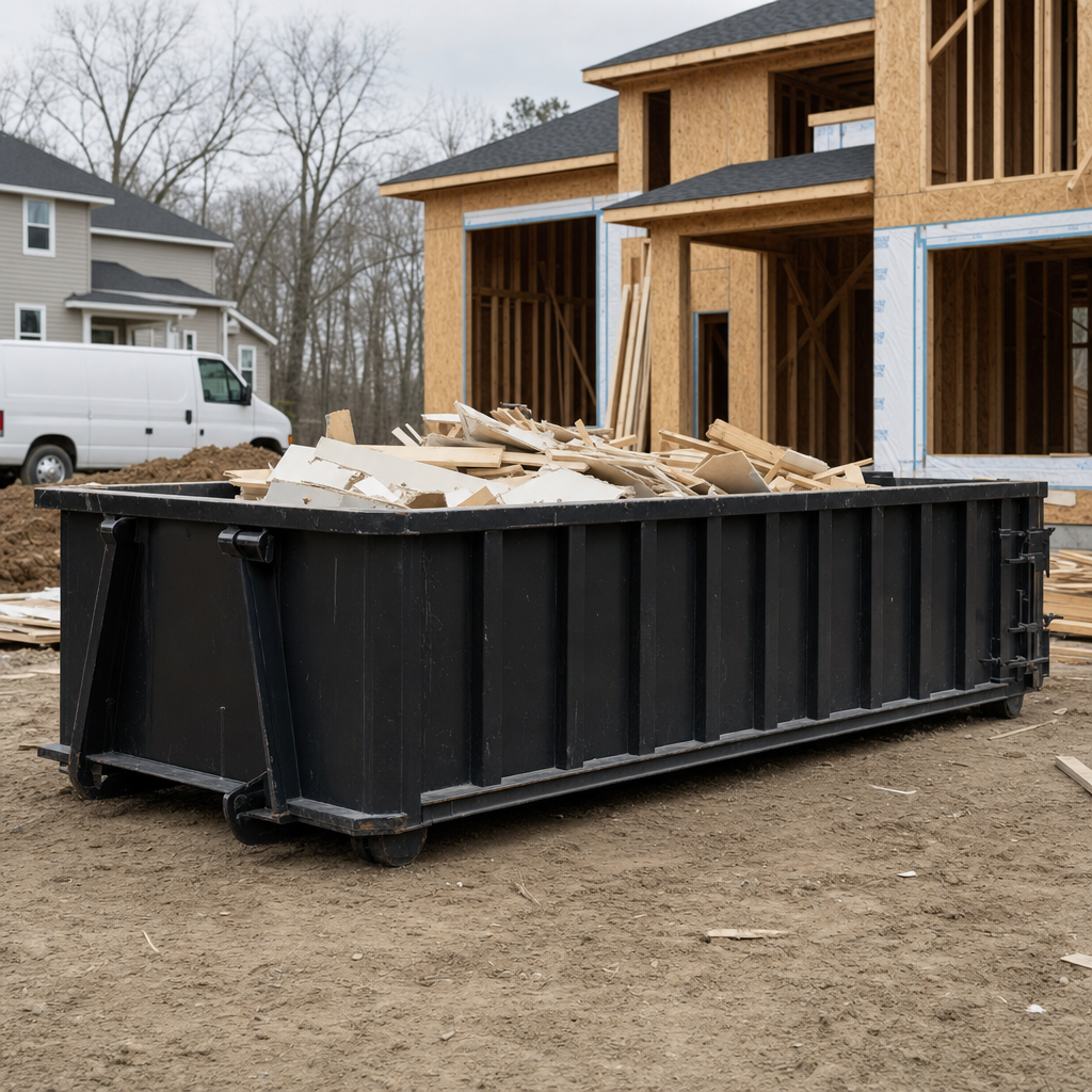 Worker in a yellow high-visibility vest tossing framing lumber and broken drywall into a matte-black 30-yard construction roll-off dumpster on an active build site in Roswell, bright daylight