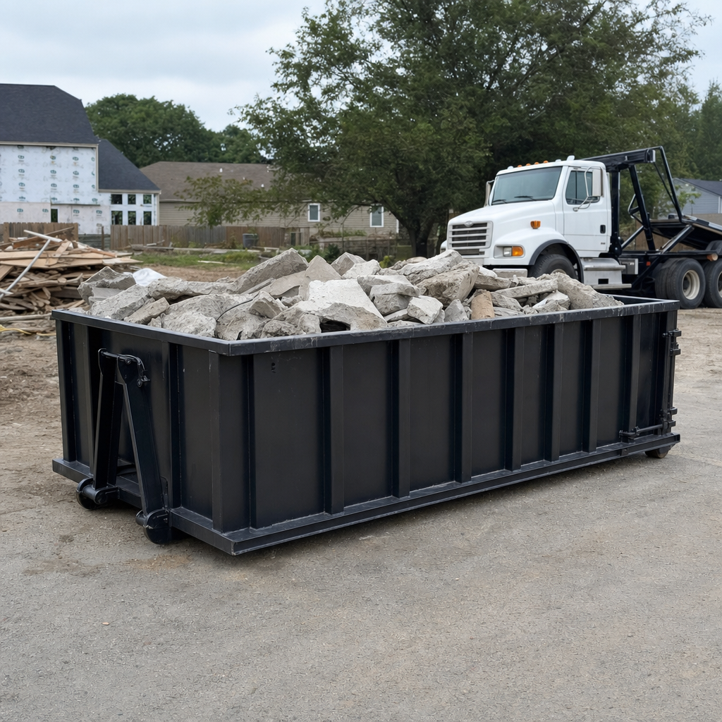 Low-profile matte-black lowboy roll-off dumpster loaded with broken concrete slab and rebar at a foundation tear-out in Roswell, skid steer parked beside it, sunny Colorado morning
