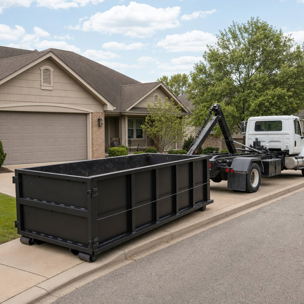 Wide documentary shot of a matte-black roll-off dumpster on a Roswell residential driveway in the foreground and a contractor jobsite container in the soft-focus background, bright daylight, calm and orderly composition.