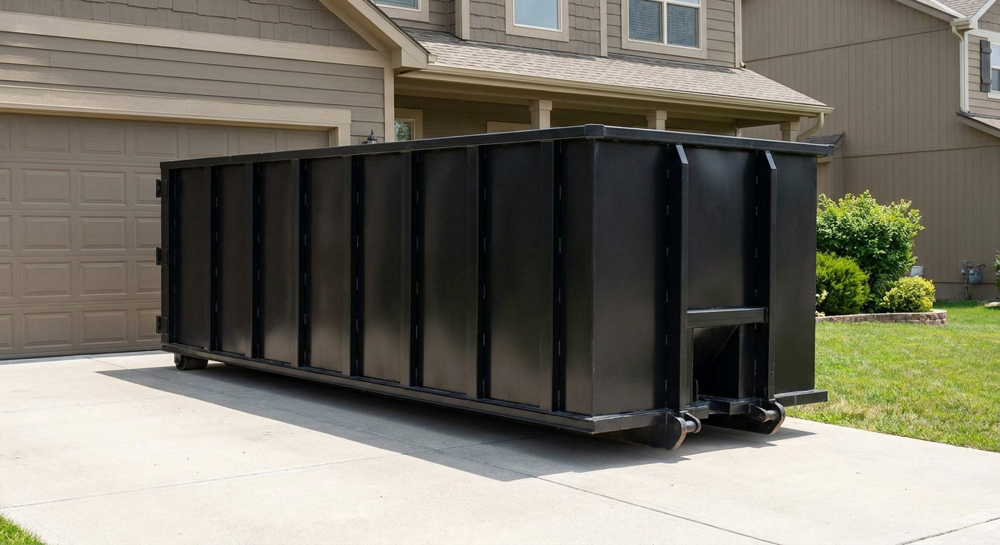 Matte-black residential roll-off dumpster sitting directly on a suburban Roswell concrete driveway, garage door closed, single-family home in background, bright morning daylight.