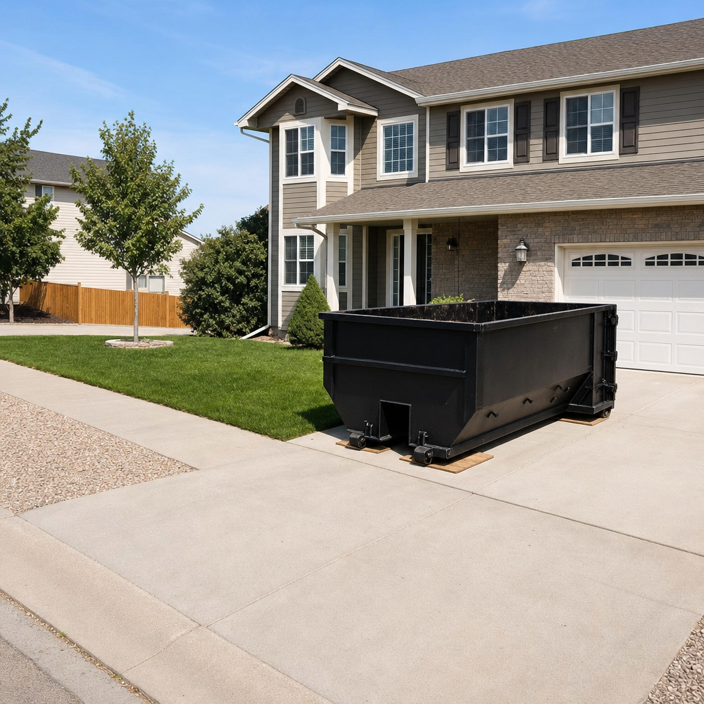 10-yard matte-black residential dumpster placed directly on a narrow Roswell concrete driveway, room remains for a parked sedan beside it, mid-morning natural light