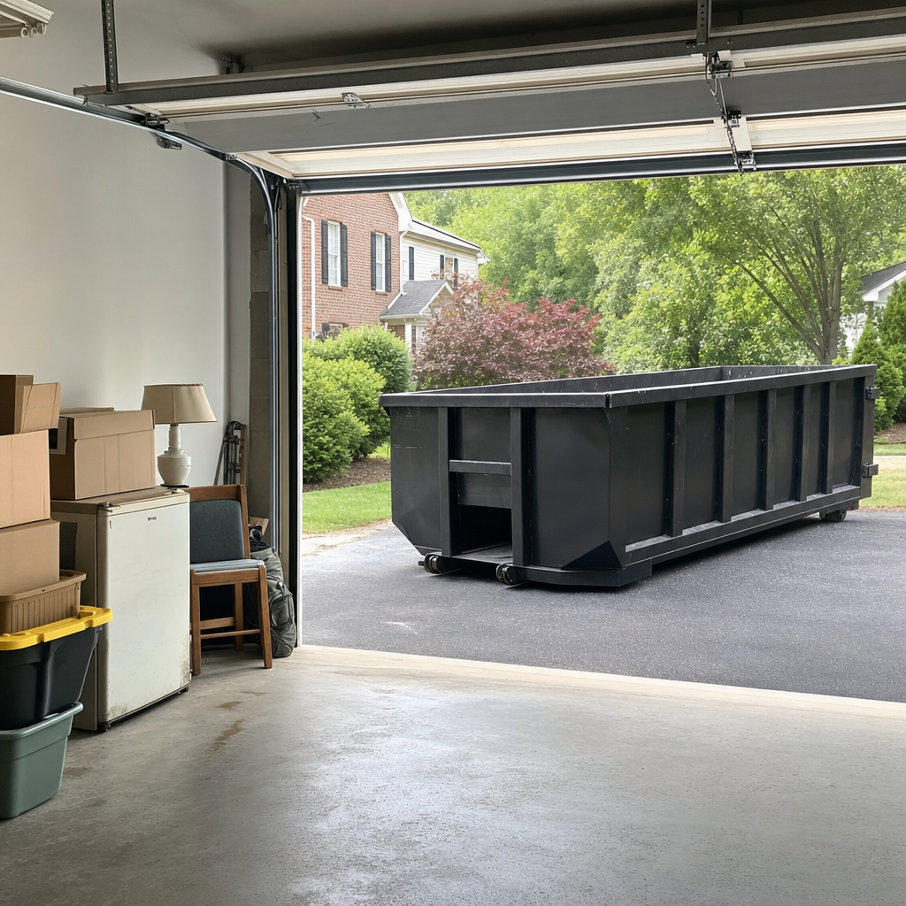 Open garage interior in a Roswell home mid-cleanout — boxed items, an old appliance, and stacked yard tools queued near the driveway for a matte-black roll-off dumpster, organized and calm