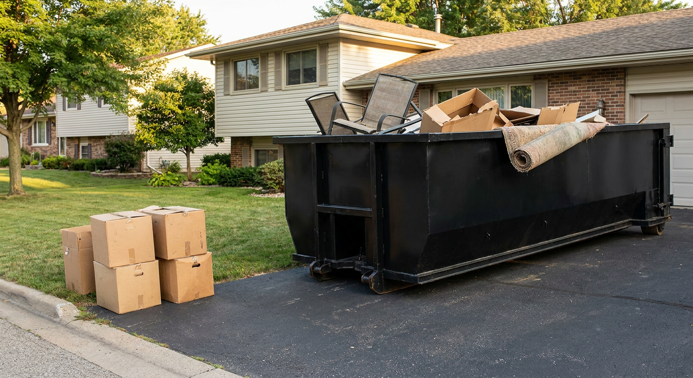 Front-yard view of a Roswell split-level home with a 20-yard matte-black roll-off dumpster sitting directly on the asphalt driveway, a few clearly labeled donation boxes staged at the curb, calm sunny afternoon.
