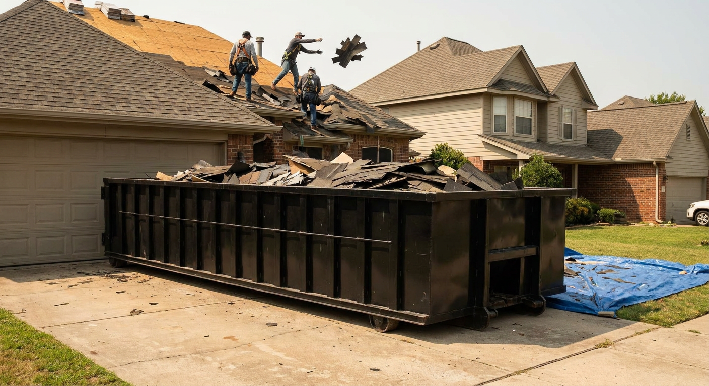 Matte-black roofing roll-off dumpster placed directly on a Roswell residential concrete driveway, a tear-off crew on a two-story asphalt-shingle roof tossing shingle bundles into the low-walled container, bright daylight, documentary 35mm perspective.