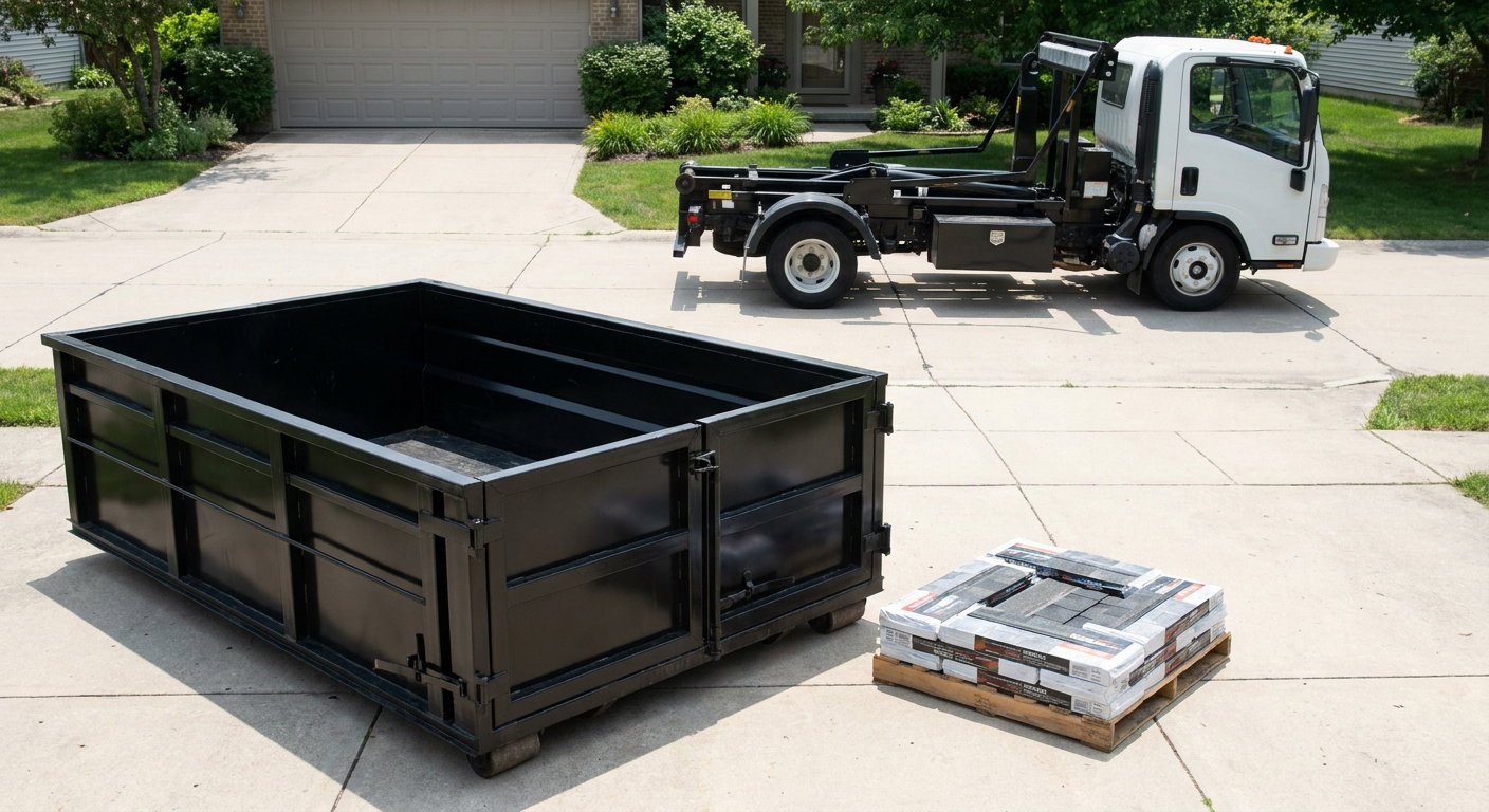 Matte-black 15-yard roofing roll-off dumpster with reinforced low side walls sitting directly on a Roswell residential concrete driveway, three-tab asphalt shingle bundles stacked nearby, an unmarked white hauler truck partially visible at the edge of the frame.