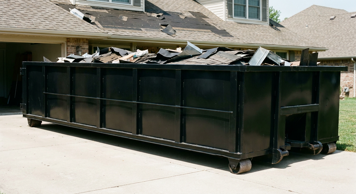 Matte-black 20-yard roofing roll-off dumpster with steel ribbed sides and swinging rear door, sitting directly on the concrete driveway of a two-story Roswell home, asphalt shingle debris being loaded over the low wall, clean documentary lighting.