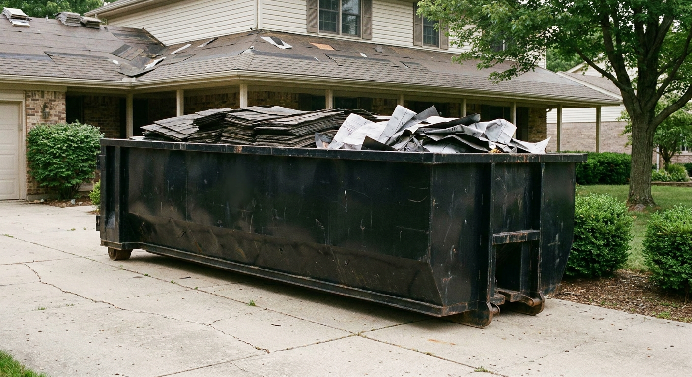 Matte-black 30-yard roofing roll-off dumpster sitting directly on a Roswell concrete driveway, taller ribbed steel side panels, mixed tear-off debris of asphalt shingles and underlayment inside, professional documentary daylight.