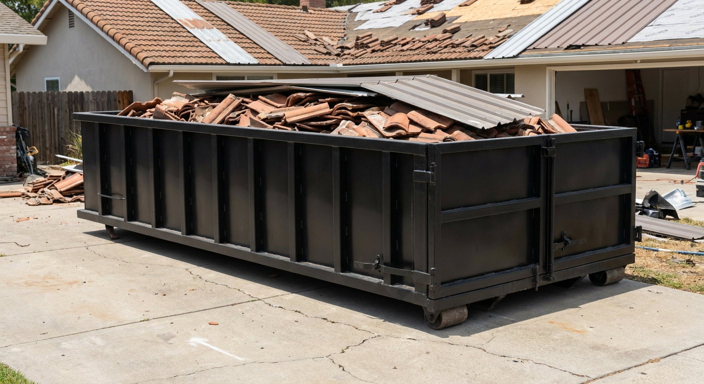 Matte-black low-wall heavy-debris roofing roll-off dumpster sitting directly on a Roswell concrete driveway, broken concrete clay roof tiles and metal panel sections loaded inside, reinforced ribbed steel side walls visible, bright outdoor daylight.