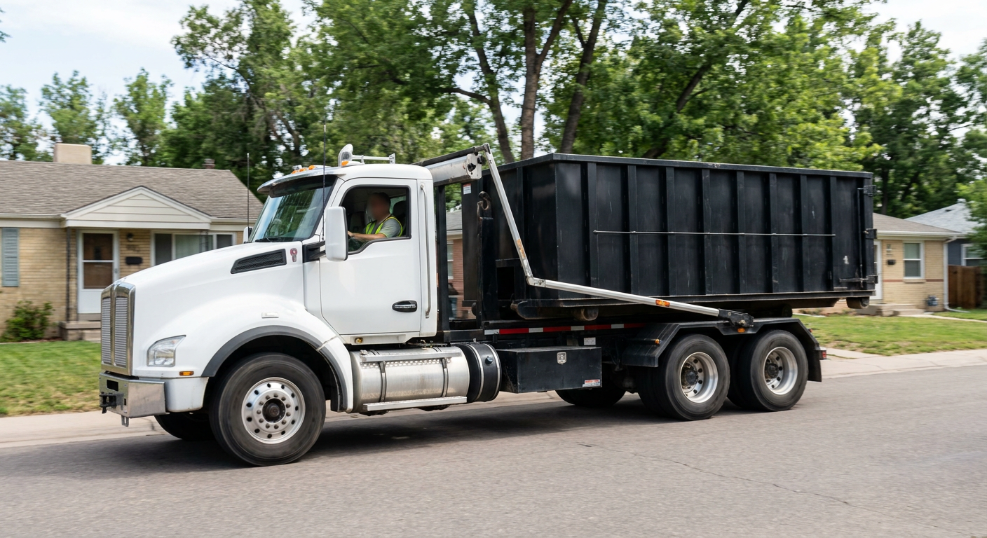 A wide documentary shot of a matte-black roll-off delivery truck pulling onto a quiet Roswell residential street at mid-morning, with neighborhood rooftops and tree-lined blocks visible behind, showing the metro coverage footprint.