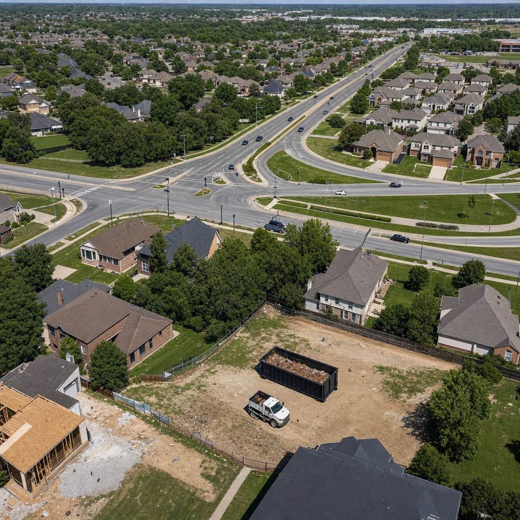 An overhead documentary view of the Roswell metro area at midday, showing the spread of neighborhoods, arterial roads, and the dispatch radius from a central yard — clean daylight, organized geographic layout.