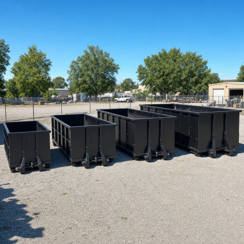 A clean lineup of matte-black roll-off dumpsters in 10, 20, 30, and 40-yard sizes staged on a sunlit gravel yard in Roswell, showing the size progression from compact to commercial-scale containers.