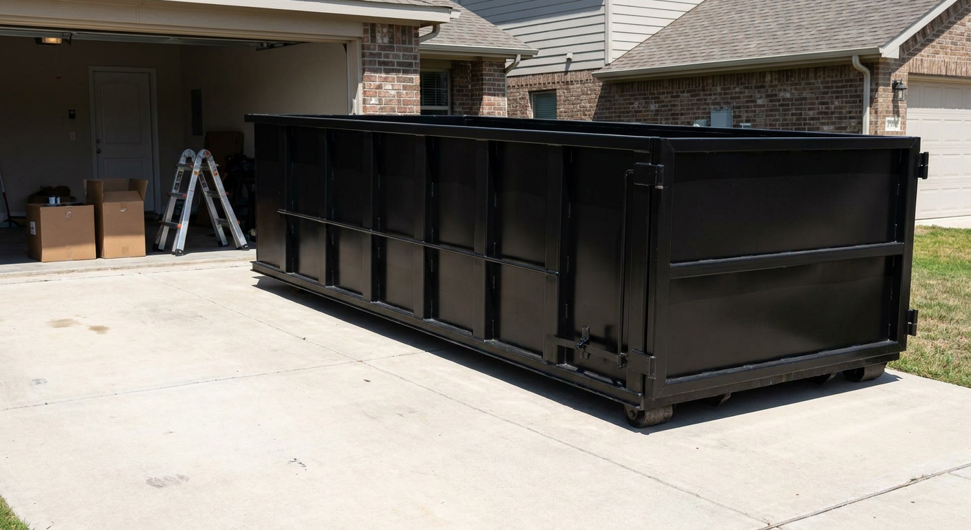 A matte-black 10-yard roll-off dumpster sitting directly on a residential Roswell concrete driveway, mid-day sunlight, clean and ready for a garage cleanout.