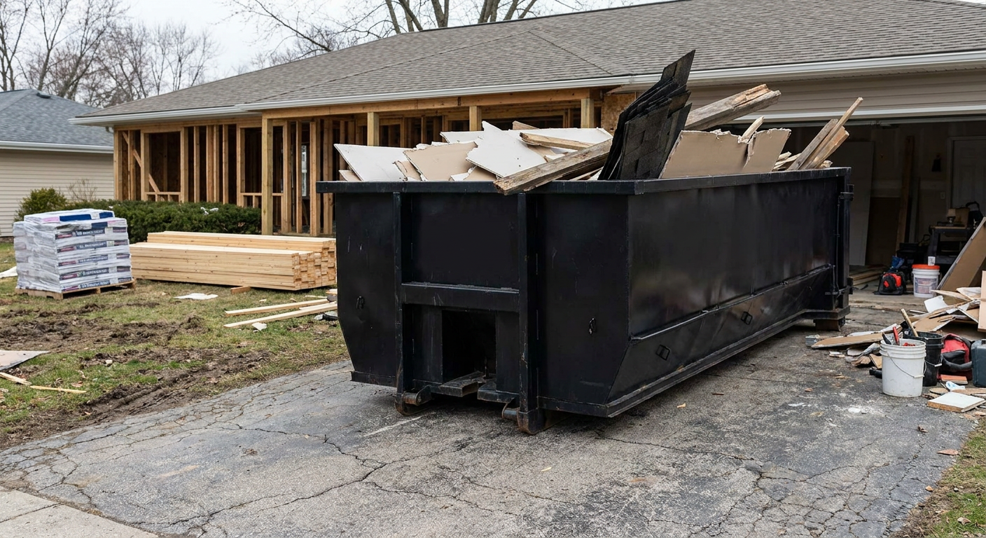 A matte-black 20-yard roll-off dumpster placed alongside a mid-renovation Roswell home directly on the asphalt driveway, with framing materials and torn-off shingles staged neatly nearby.