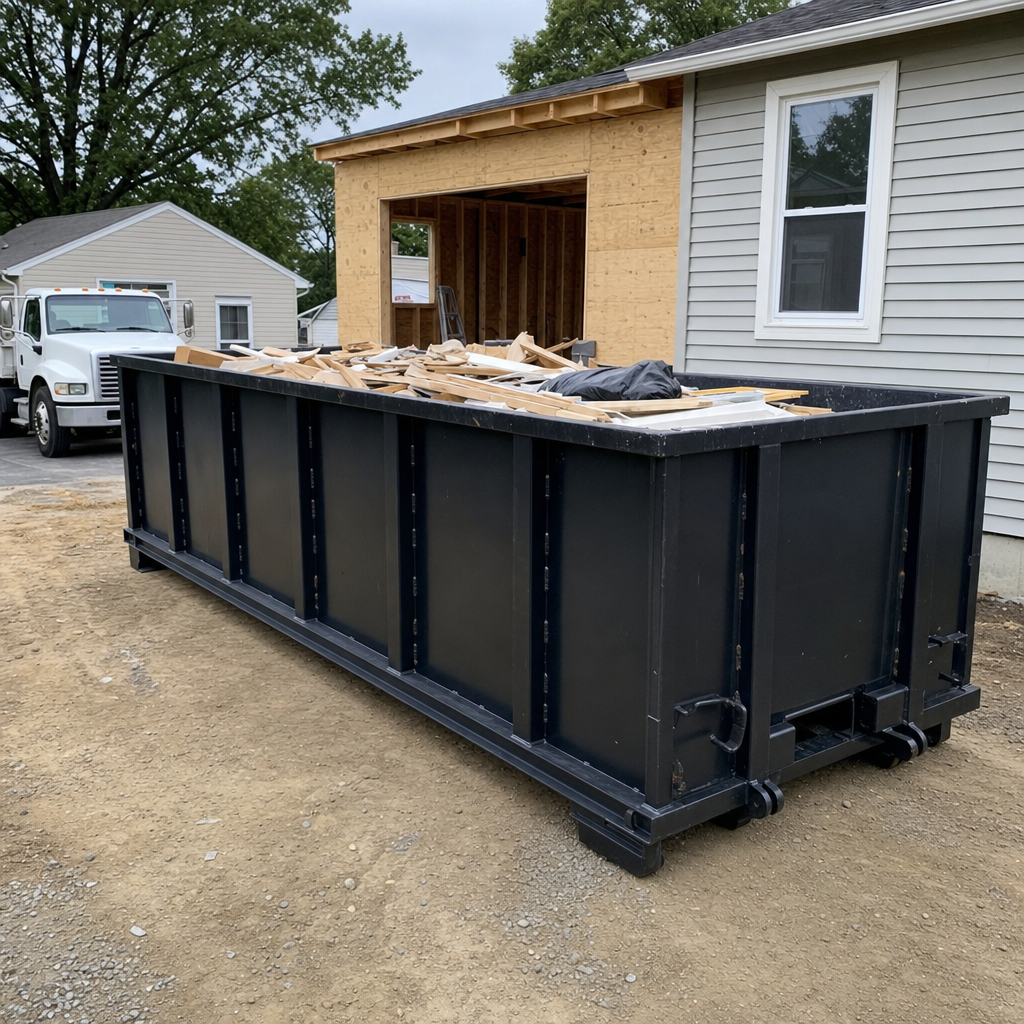 A matte-black 30-yard roll-off dumpster positioned at a Roswell residential addition jobsite, with framing lumber and drywall scraps loaded through the open swinging rear doors.