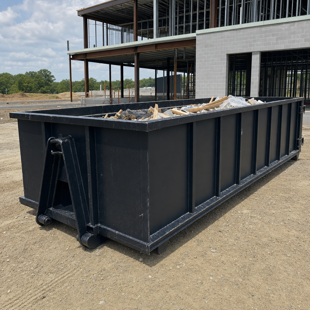 A matte-black 40-yard roll-off dumpster staged on a large Roswell commercial construction lot, with a hooklift delivery truck parked alongside under bright midday sky.