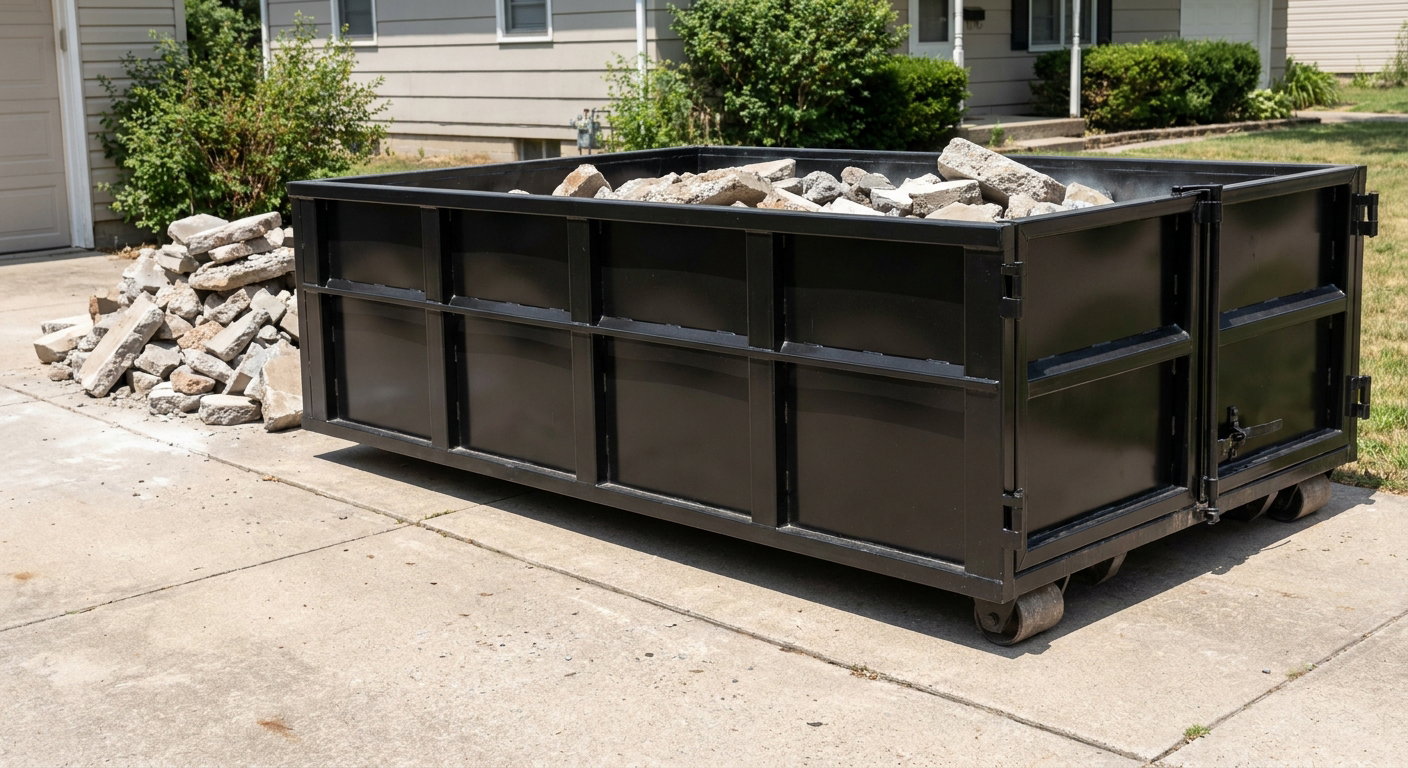 A matte-black low-side heavy-debris roll-off dumpster placed directly on a Roswell concrete driveway, with broken concrete chunks neatly stacked beside it under clean daylight.